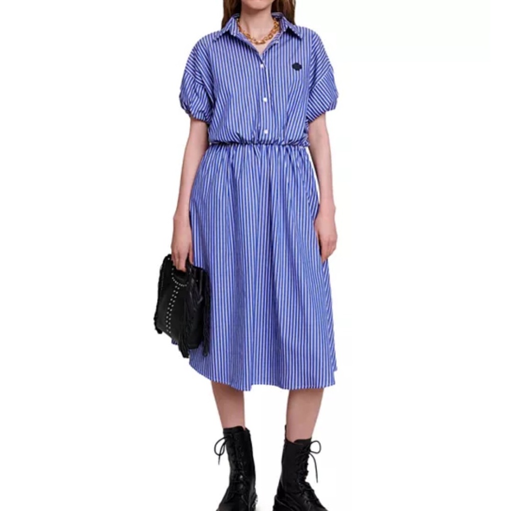 MAJE WOMEN RELISA BLUE STRIPED‎ NAUTICAL PREPPY SHIRT DRESS POLO COLLAR RESORT